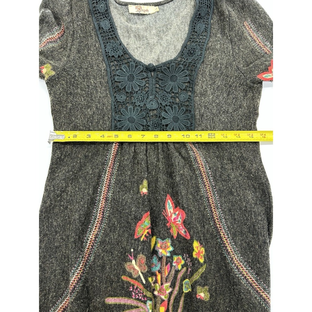 Aryeh Boho Sweater Dress Charcoal Floral Butterfly Embroidered Crochet Lace Sz L - Picture 9 of 12